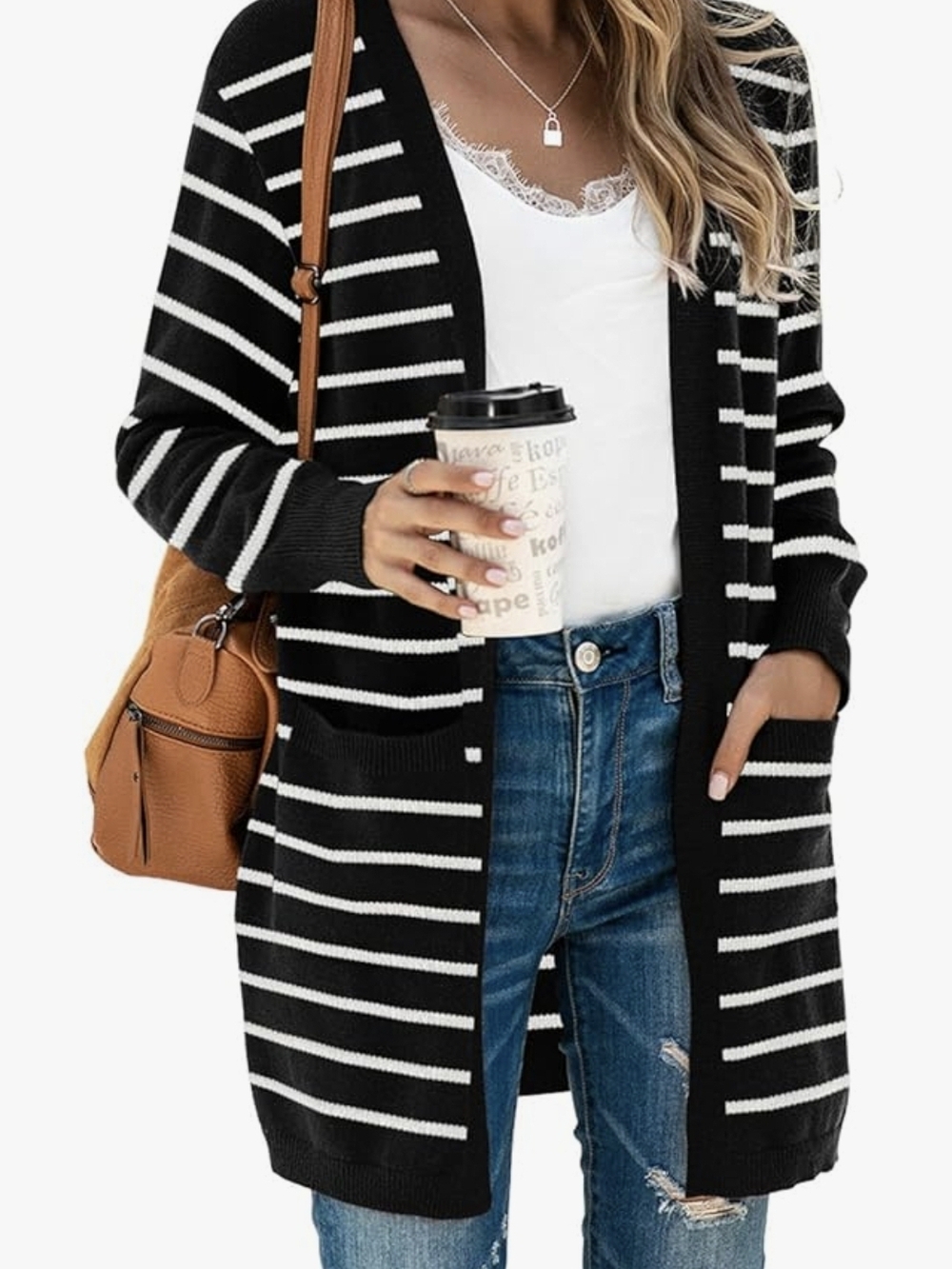 Black & White Striped Open-Front Women's Cardigan Sweater